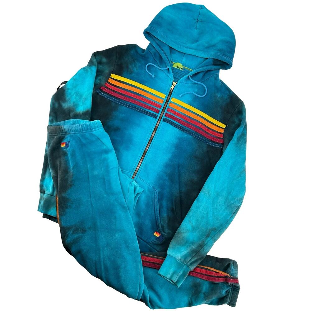 Women's/Unisex Aviator Nation 5 Stripe Hoodie Sweatpants Tracksuit Set Blue sz M